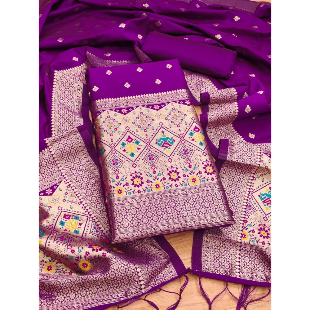 Generic Women's Banarasi Silk Printed Unstitched Salwar Suit Material With Dupatta (Purple, 3Mtrs)