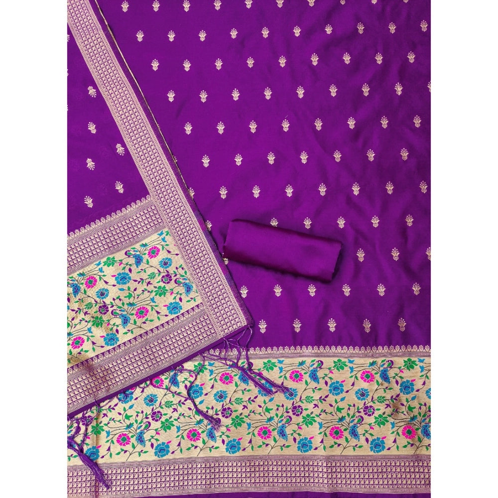 Generic Women's Banarasi Silk Printed Unstitched Salwar Suit Material With Dupatta (Purple, 3Mtrs)