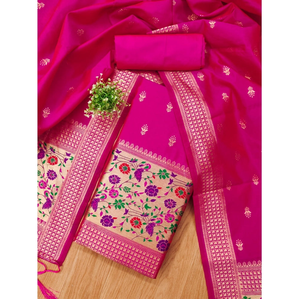 Generic Women's Banarasi Silk Printed Unstitched Salwar Suit Material With Dupatta (Pink, 3Mtrs)