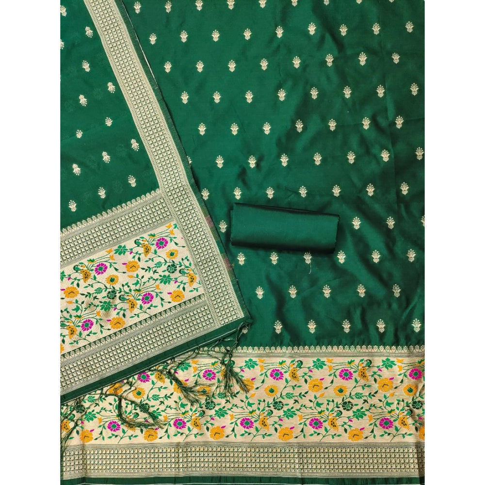 Generic Women's Banarasi Silk Printed Unstitched Salwar Suit Material With Dupatta (Bottle Green, 3Mtrs)