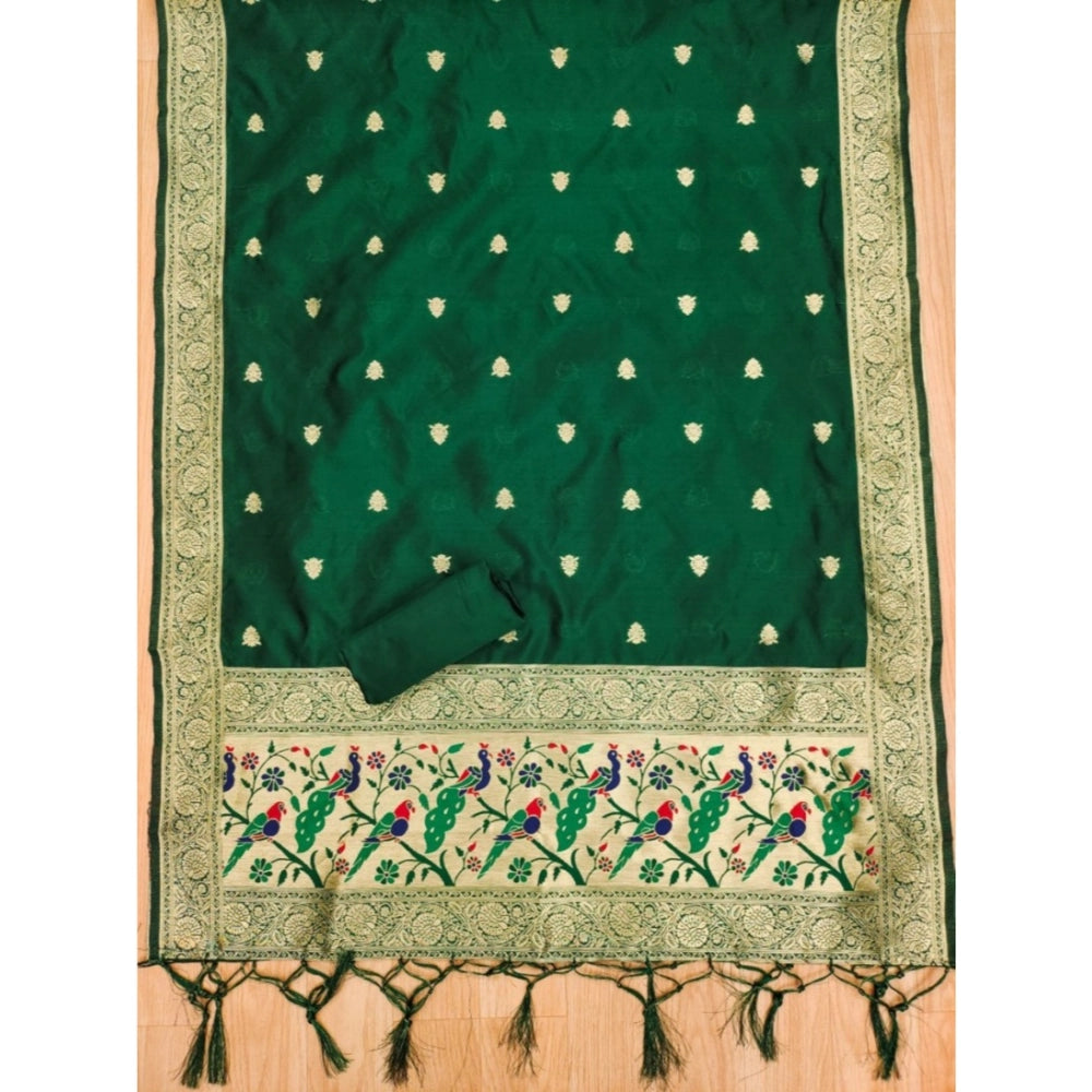 Generic Women's Banarasi Silk Printed Unstitched Salwar Suit Material With Dupatta (Bottle Green, 3Mtrs)