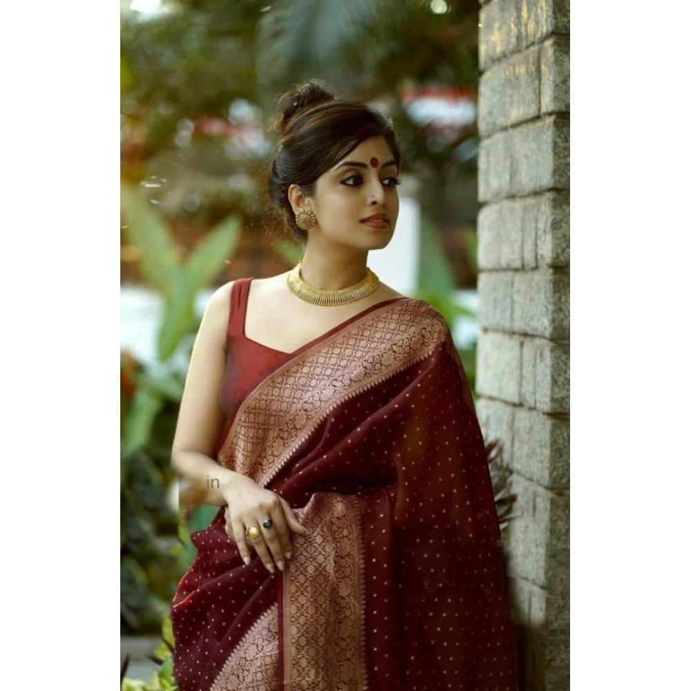 Generic Women's Litchi silk Printed Saree With Unstitched Blouse (Maroon)