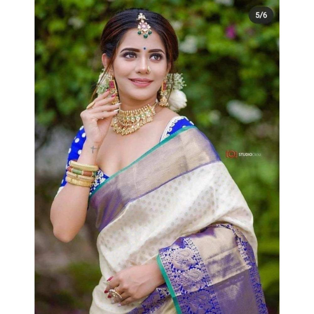 Generic Women's Litchi silk Printed Saree With Unstitched Blouse (Off White)