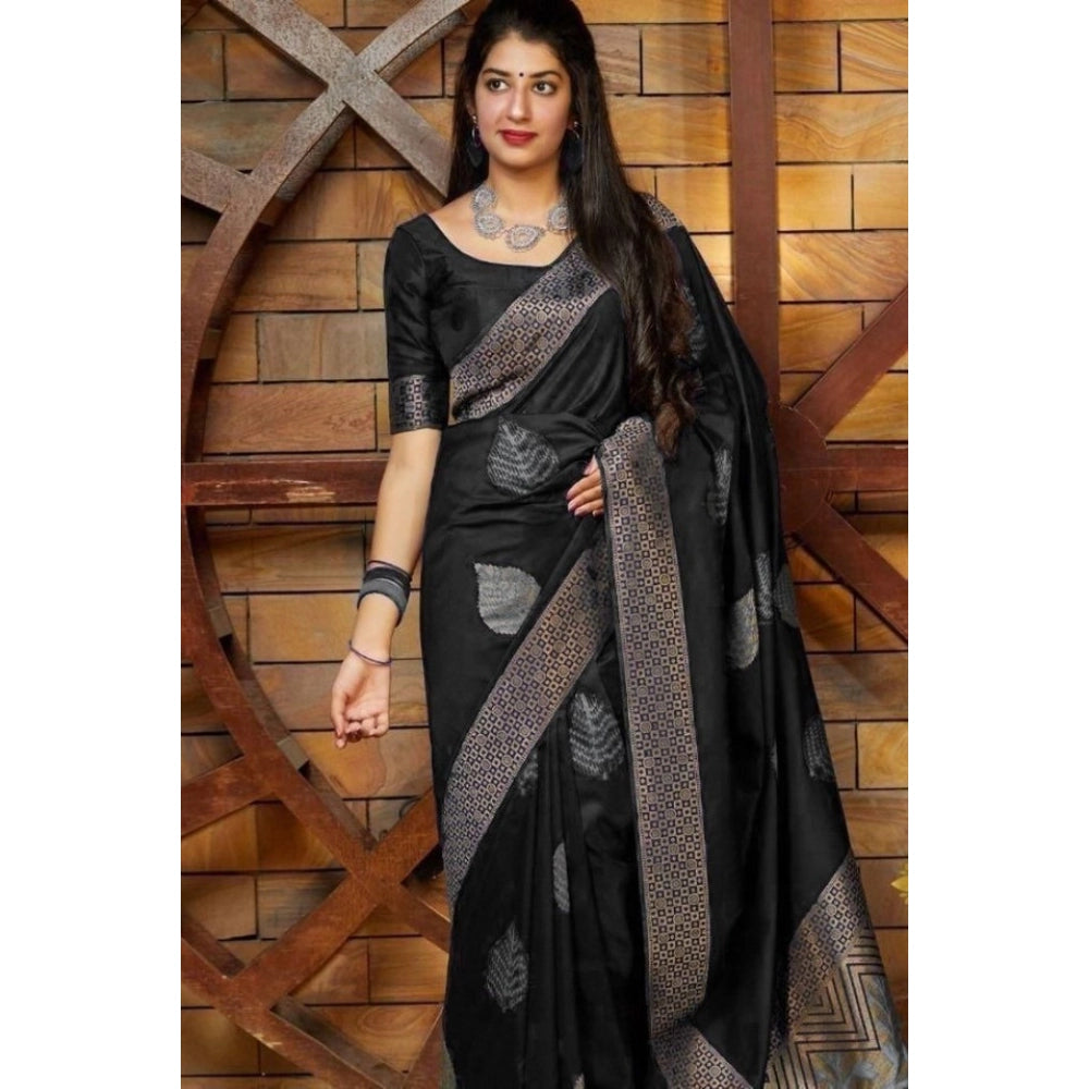 Generic Women's Litchi silk Printed Saree With Unstitched Blouse (Black)