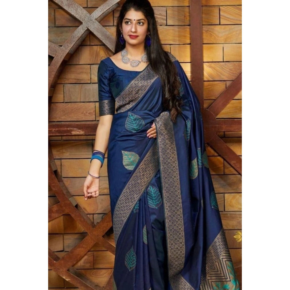 Generic Women's Litchi silk Printed Saree With Unstitched Blouse (Blue)