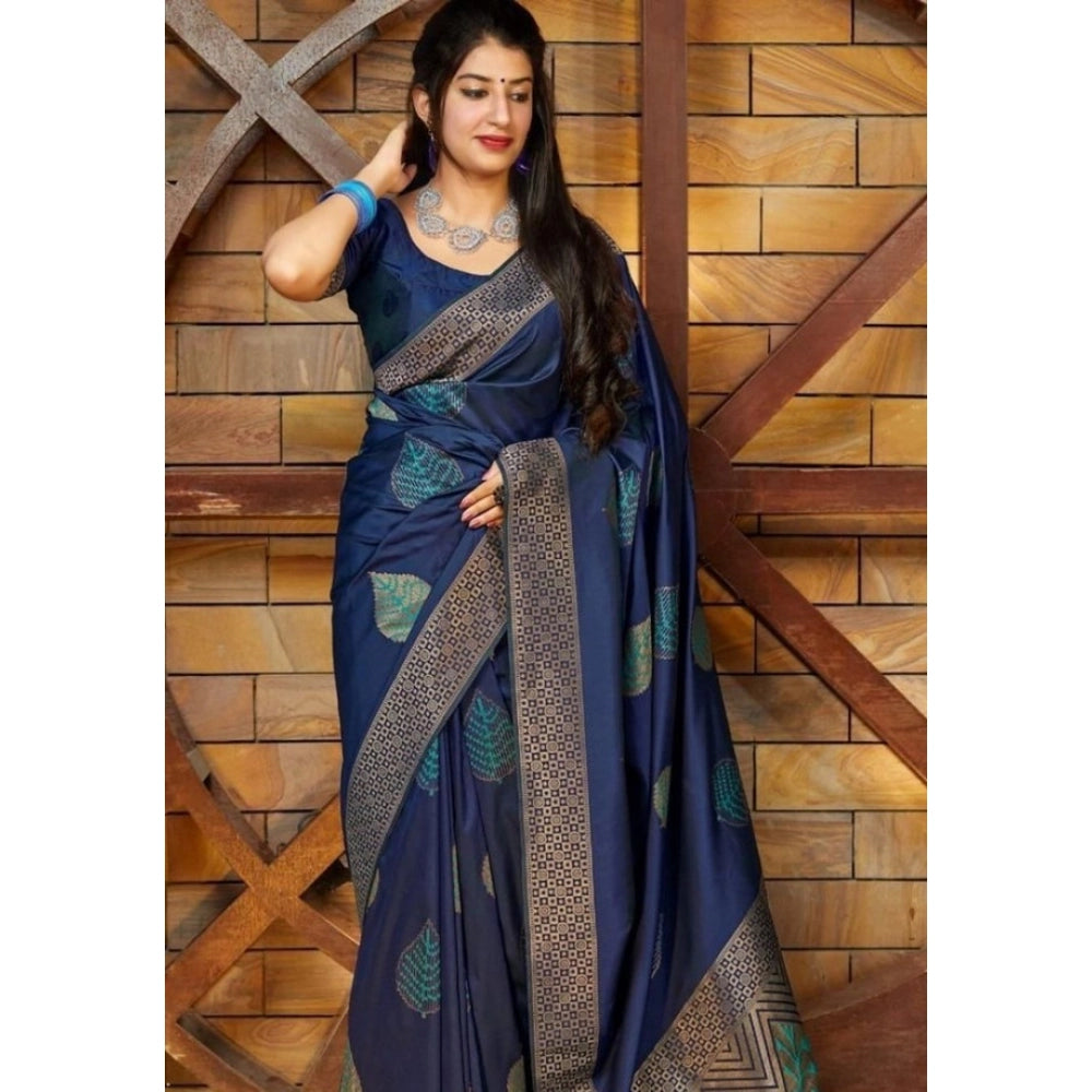 Generic Women's Litchi silk Printed Saree With Unstitched Blouse (Blue)