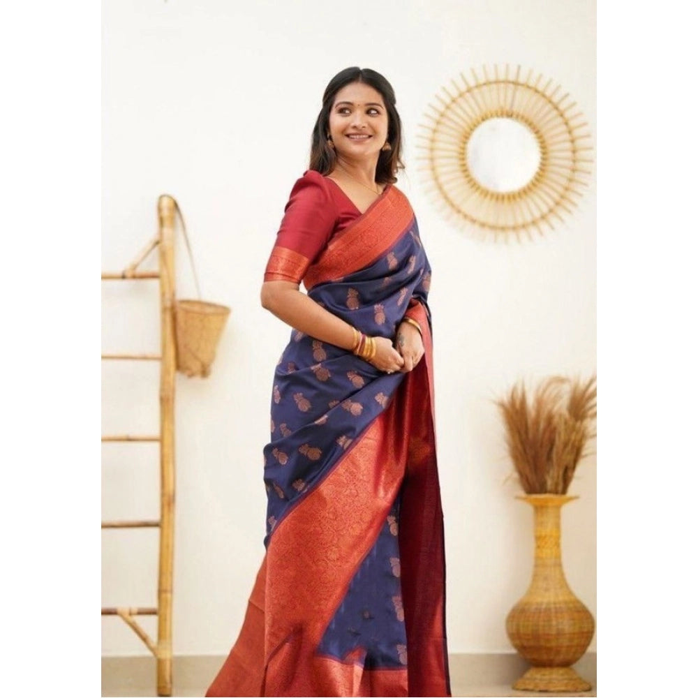 Generic Women's Litchi silk Printed Saree With Unstitched Blouse (Blue)