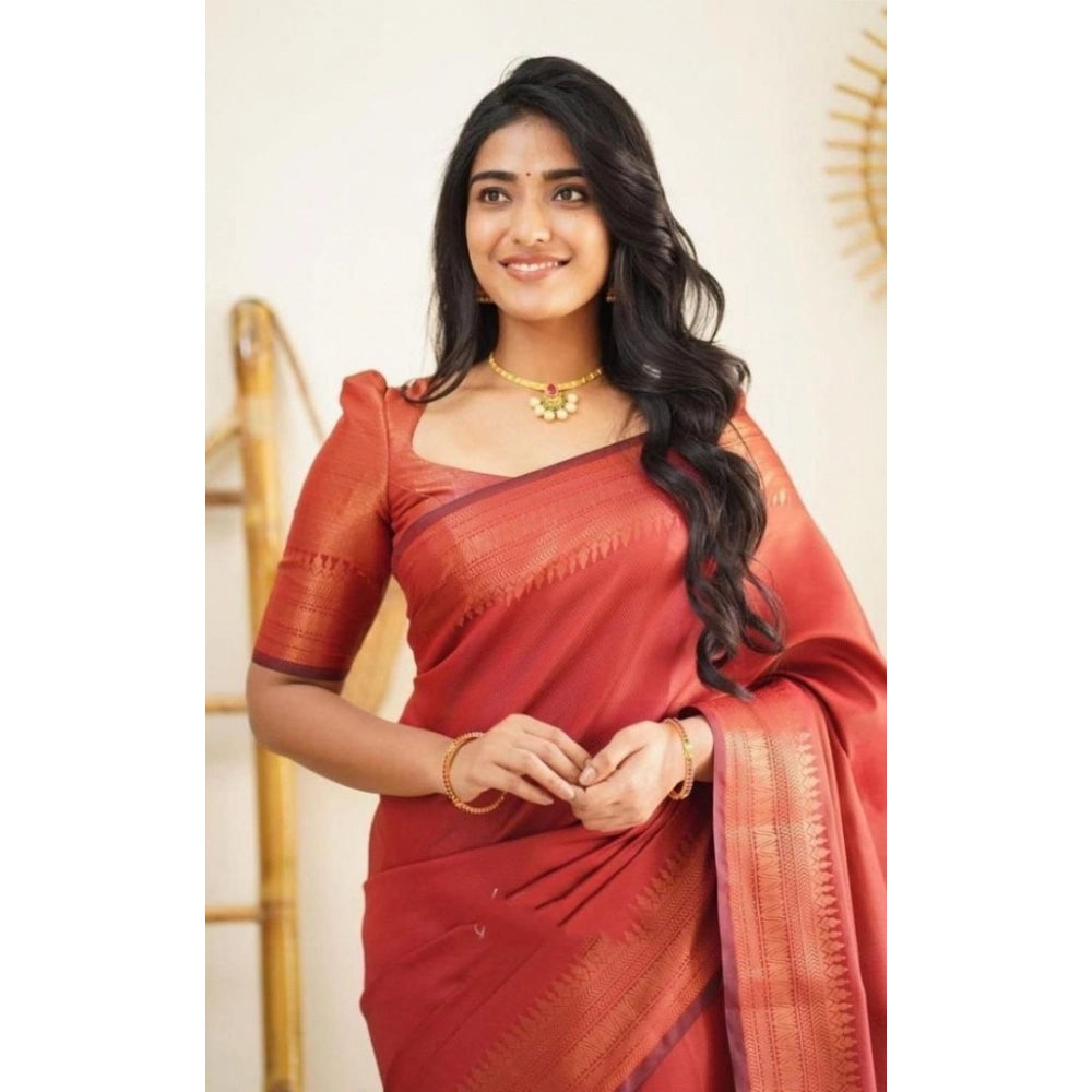 Generic Women's Litchi silk Printed Saree With Unstitched Blouse (Red)