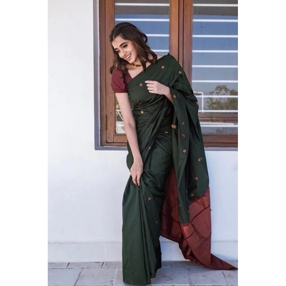 Generic Women's Litchi silk Printed Saree With Unstitched Blouse (Dark Green)