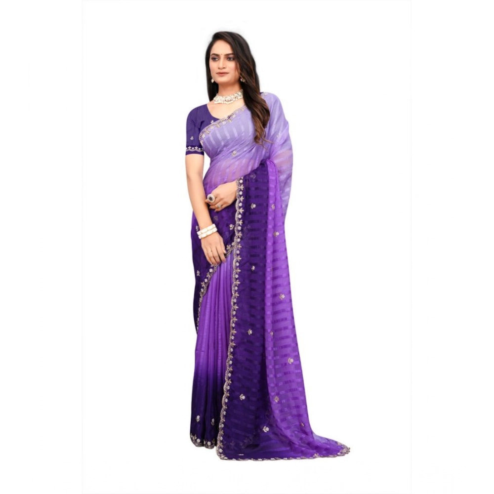 Generic Women's Chiffon Embroidred Saree With Unstitched Blouse 5.5Mtr (Purple)