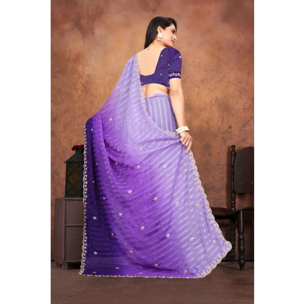 Generic Women's Chiffon Embroidred Saree With Unstitched Blouse 5.5Mtr (Purple)