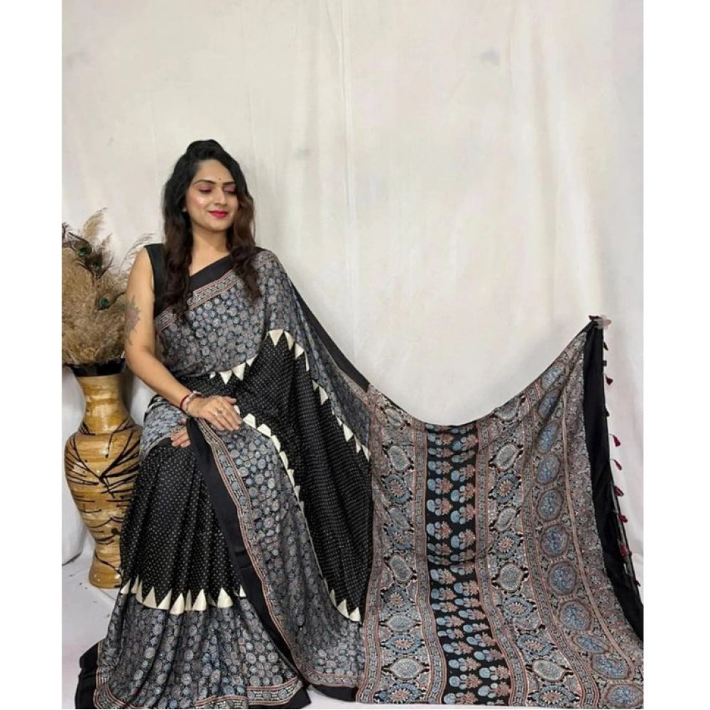 Generic Women's Satin Printed Saree With Unstitched Blouse 5.5Mtr (Black)