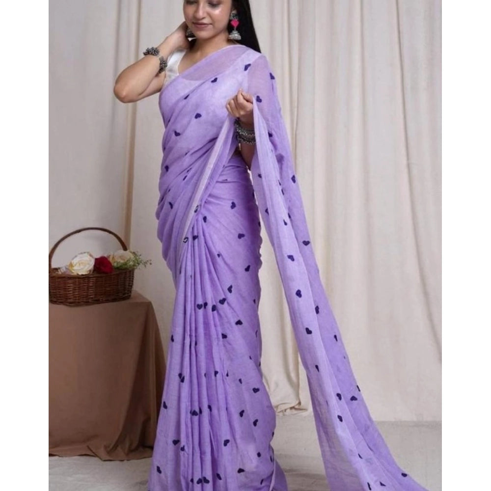 Generic Women's Linen Printed Saree With Unstitched Blouse 5.5Mtr (Purple)