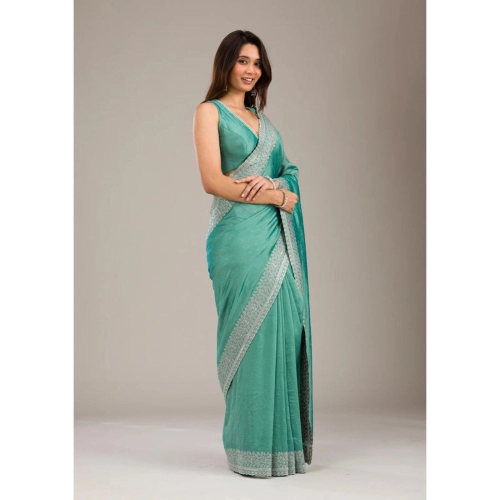 Generic Women's Silk Embroidred Saree With Unstitched Blouse 5.5Mtr (Light Green)