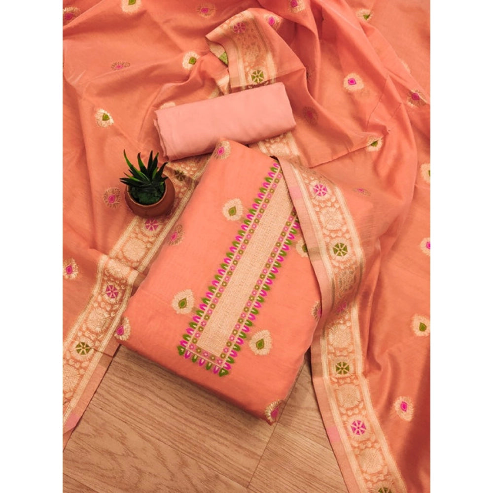 Generic Women's Banarasi Silk Printed Unstitched Salwar Suit Material With Dupatta (Peach, 3Mtrs)