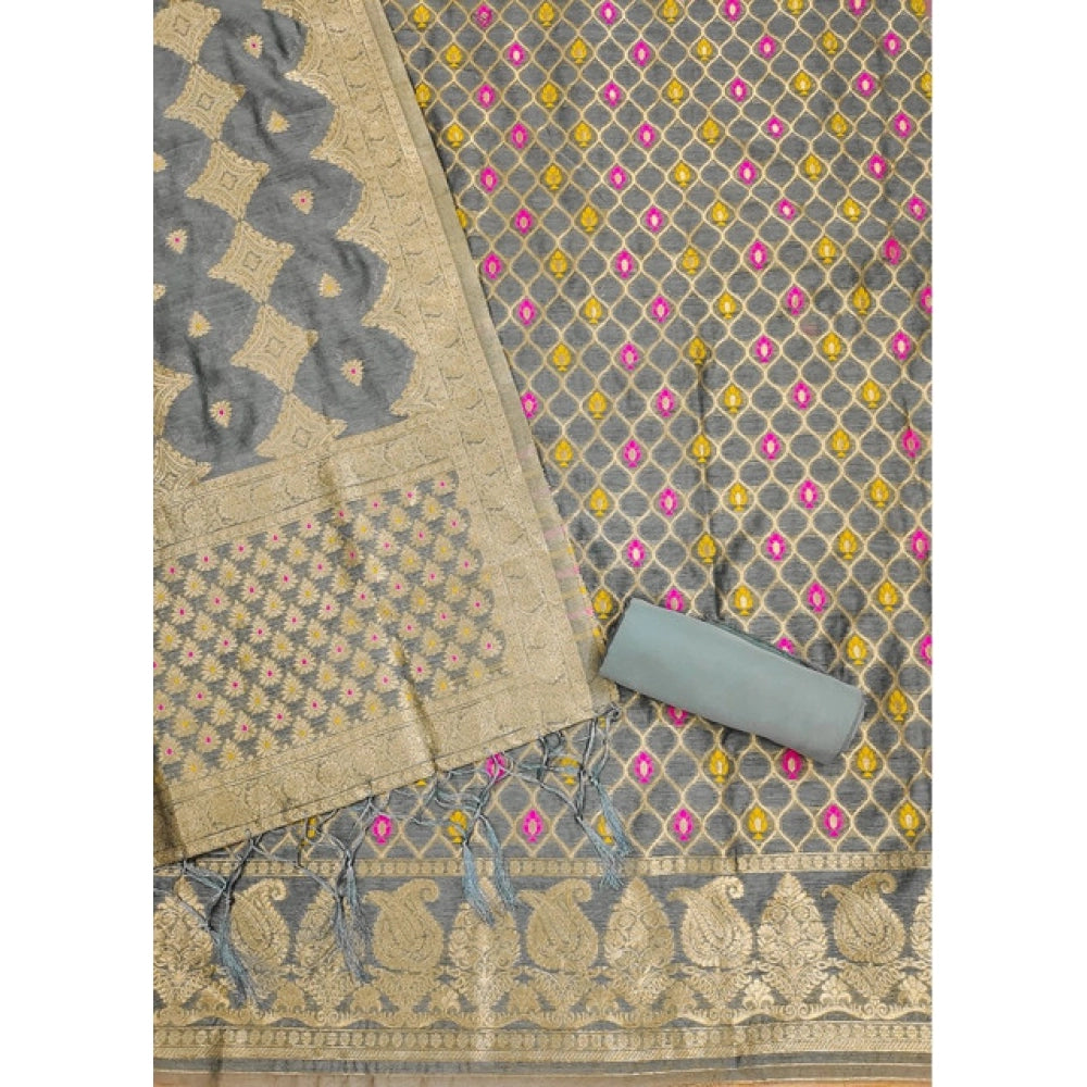 Generic Women's Banarasi Silk Printed Unstitched Salwar Suit Material With Dupatta (Grey, 3Mtrs)