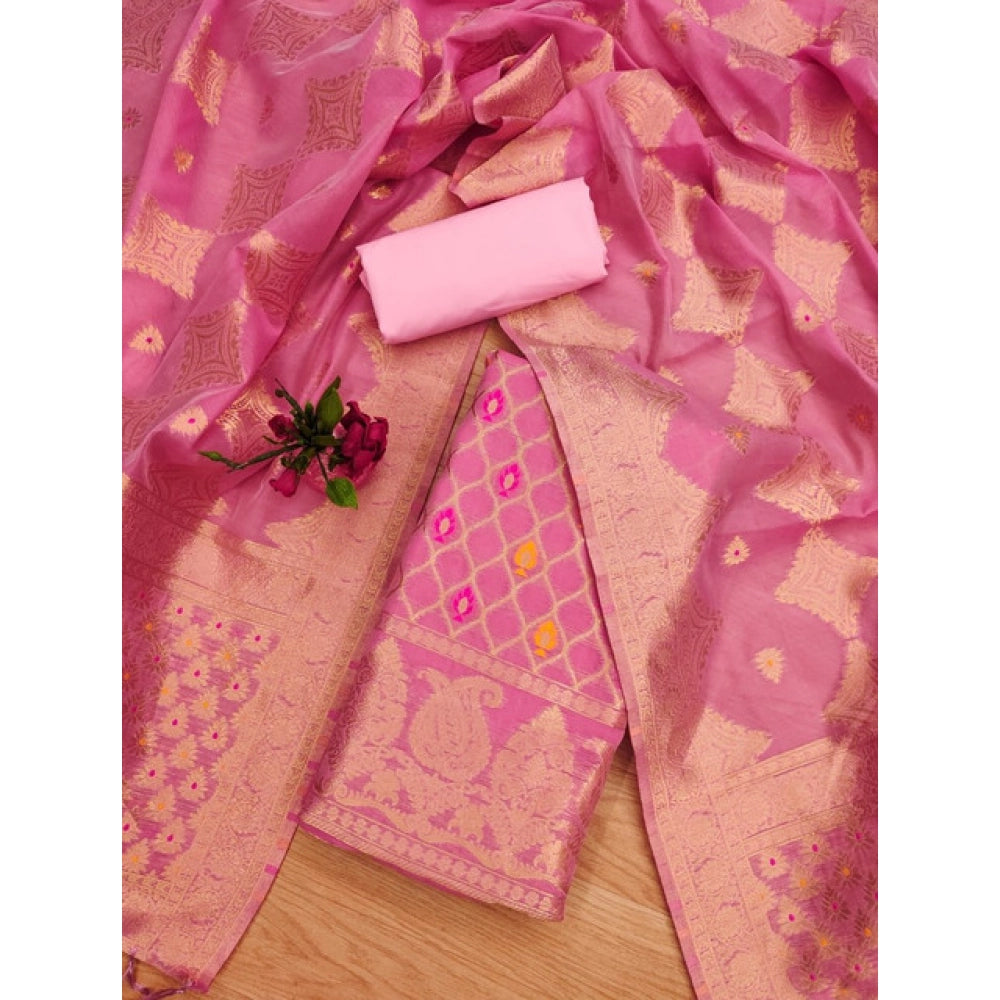 Generic Women's Banarasi Silk Printed Unstitched Salwar Suit Material With Dupatta (Pink, 3Mtrs)