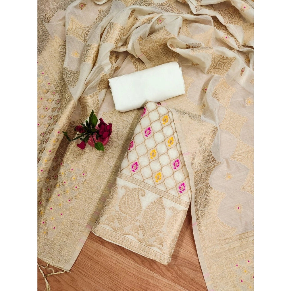 Generic Women's Banarasi Silk Printed Unstitched Salwar Suit Material With Dupatta (White, 3Mtrs)