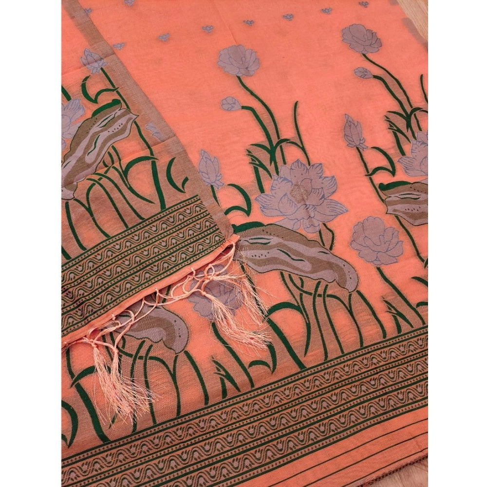Generic Women's Banarasi Silk Printed Unstitched Salwar Suit Material With Dupatta (Peach, 3Mtrs)