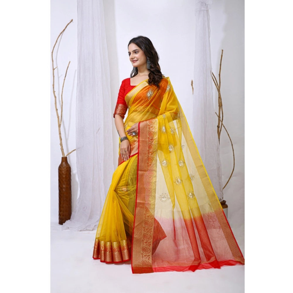 Generic Women's Organza jacquard Embellished Saree With Unstitched Blouse 5.5Mtr (Yellow)