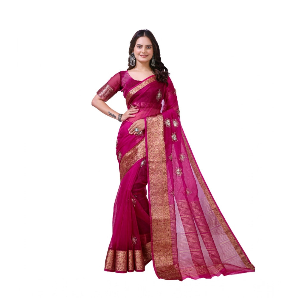 Generic Women's Organza jacquard Embellished Saree With Unstitched Blouse 5.5Mtr (Pink)