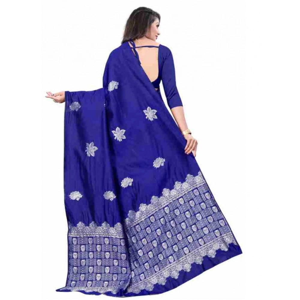 Generic Women's Soft Lichi Silk Printed Saree With Unstitched Blouse 5.5Mtr (Blue)