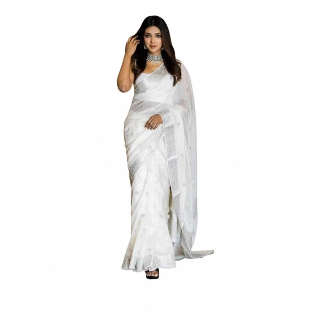 Generic Women's Soft Lichi Silk Printed Saree With Unstitched Blouse 5.5Mtr (White)