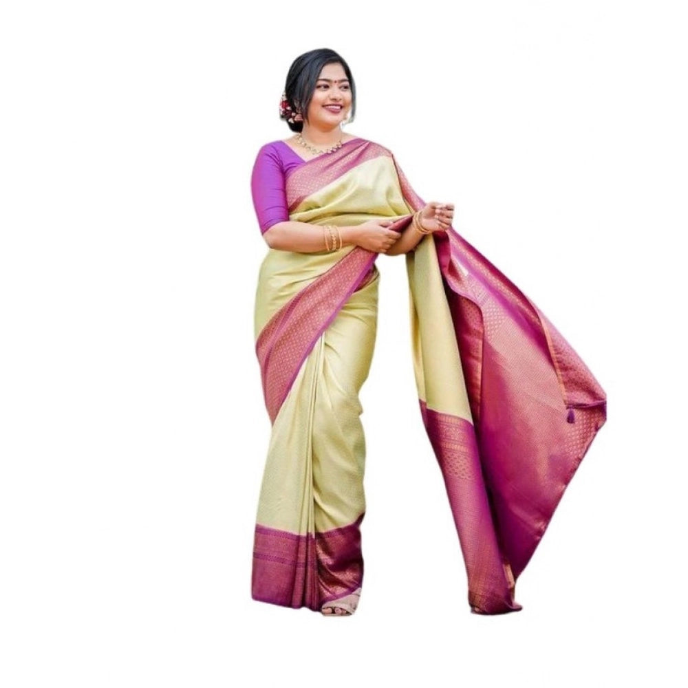 Generic Women's Soft Lichi Silk Printed Saree With Unstitched Blouse 5.5Mtr (Light-Green)