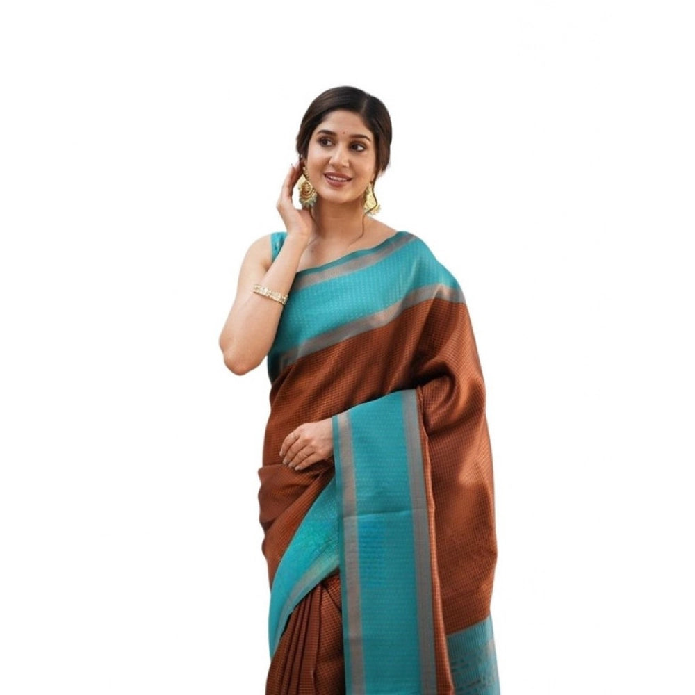 Generic Women's Soft Lichi Silk Printed Saree With Unstitched Blouse 5.5Mtr (Brown)