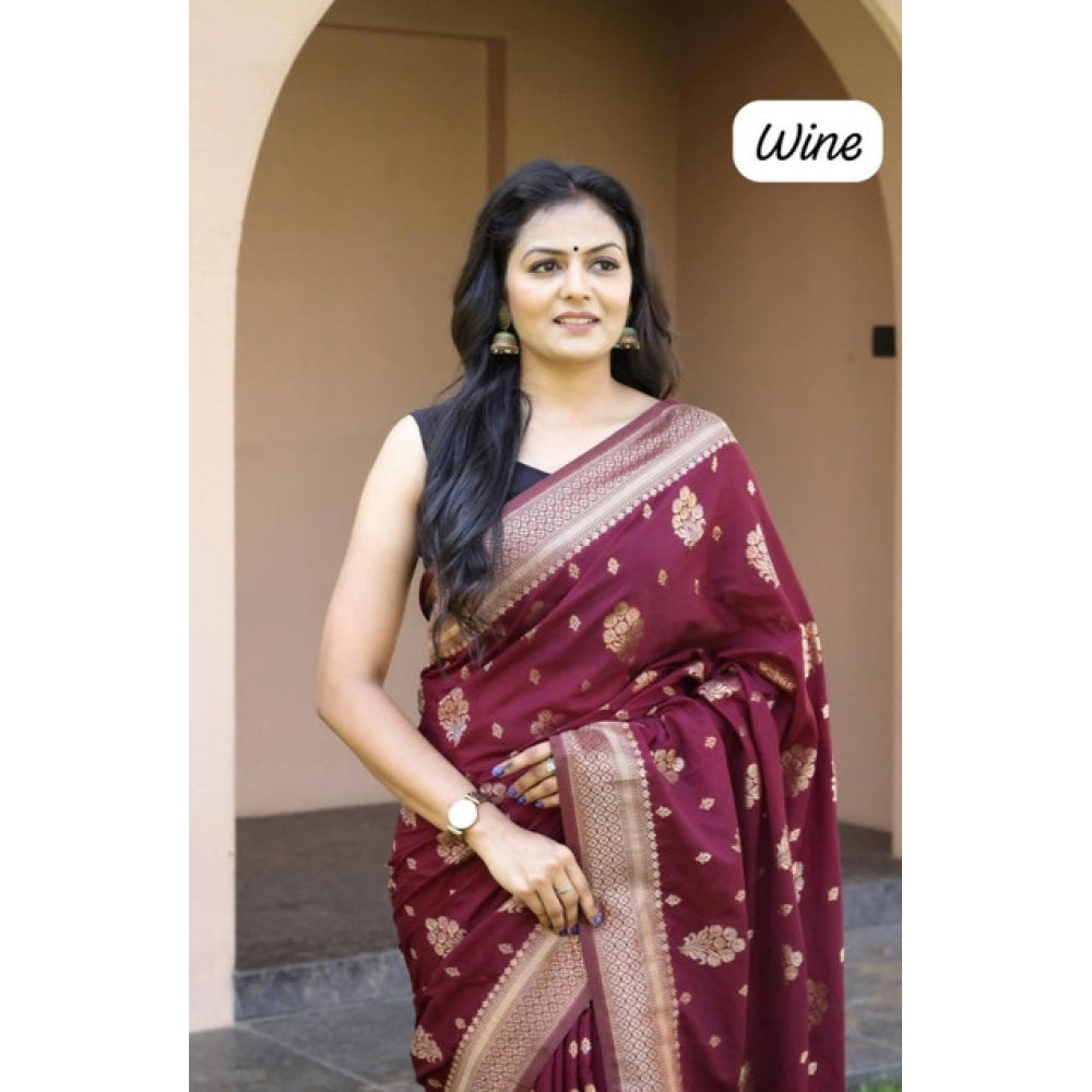 Generic Women's Soft Lichi Silk Printed Saree With Unstitched Blouse 5.5Mtr (Wine)