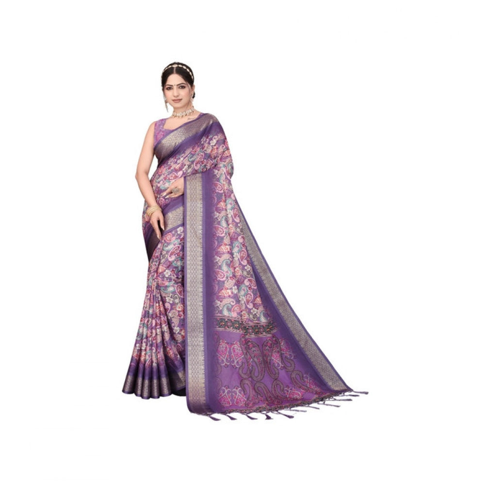 Generic Women's Cotton Silk  Printed Saree With Unstitched Blouse 5.5Mtr (Purple)