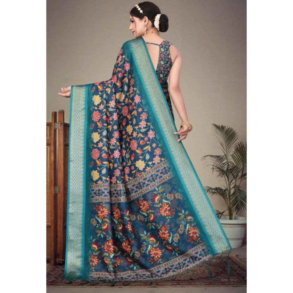 Generic Women's Cotton Silk  Printed Saree With Unstitched Blouse 5.5Mtr (Blue)