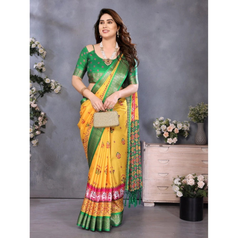Generic Women's Cotton Silk  Printed Saree With Unstitched Blouse 5.5Mtr (Yellow)