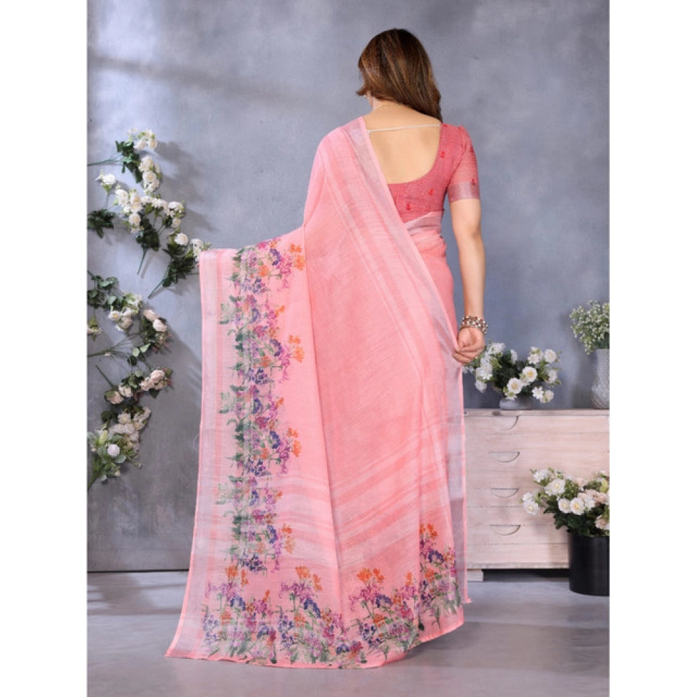 Generic Women's Linen Cotton  Printed Saree With Unstitched Blouse 5.5Mtr (Peach)