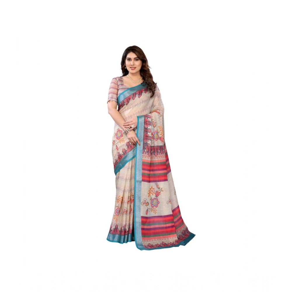 Generic Women's Linen Cotton  Printed Saree With Unstitched Blouse 5.5Mtr (Cream)