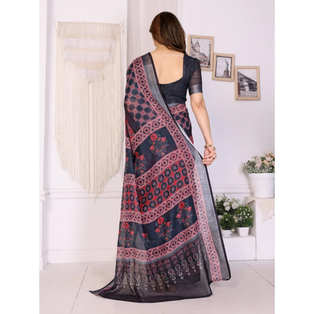 Generic Women's Linen Cotton  Printed Saree With Unstitched Blouse 5.5Mtr (Black)