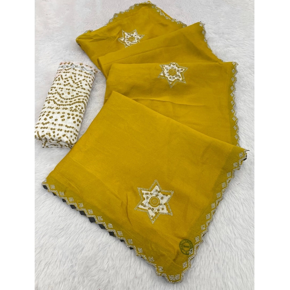 Generic Women's Chiffon Butti Dotted Saree With Unstitched Blouse 5.5Mtr (Yellow)