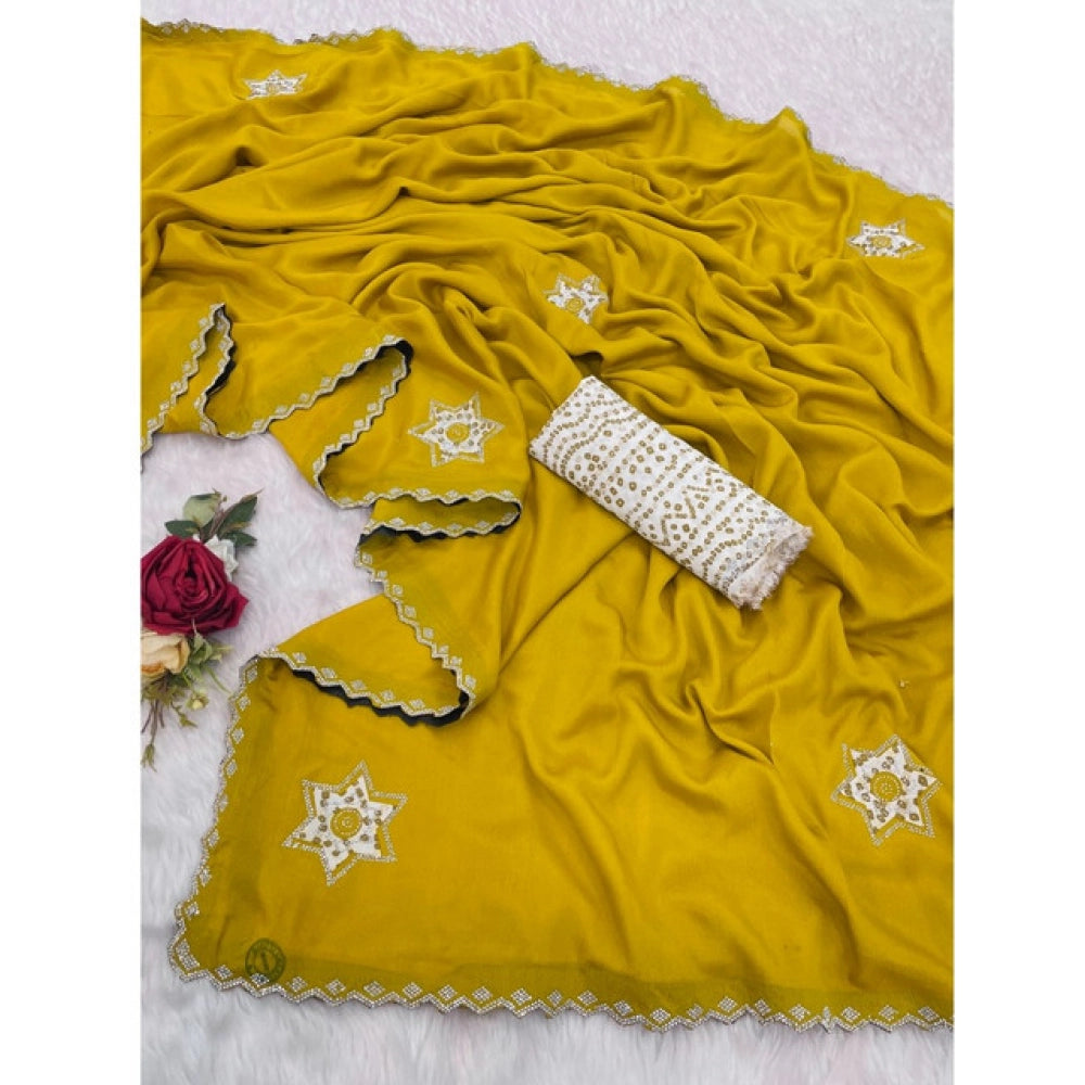 Generic Women's Chiffon Butti Dotted Saree With Unstitched Blouse 5.5Mtr (Yellow)