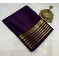Generic Women's Crepe Chit Pallu Solid Saree With Unstitched Blouse 5.5Mtr (Dark Purple)