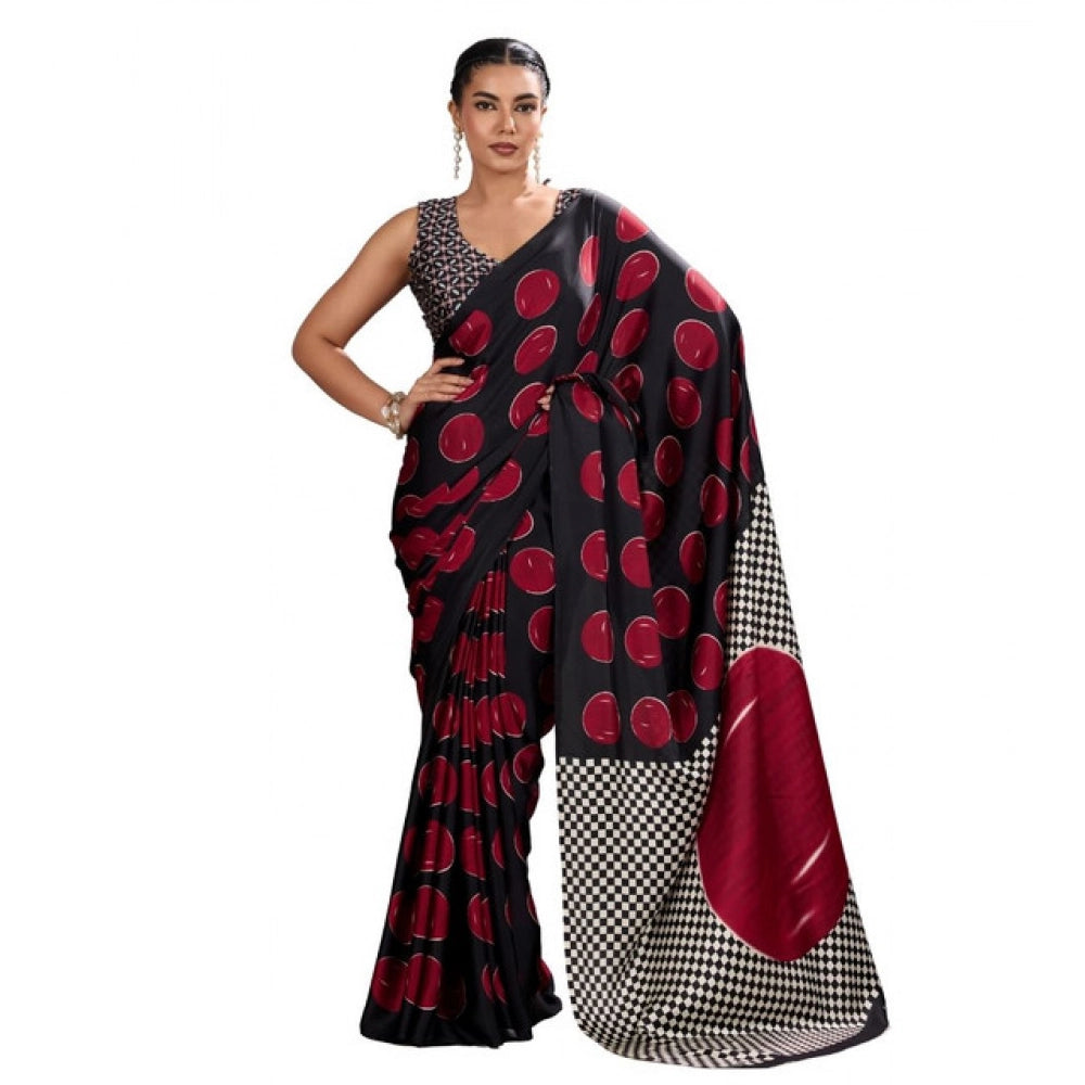Generic Women's Satin Crepe Printed Saree With Unstitched Blouse 5.5Mtr (Maroon)