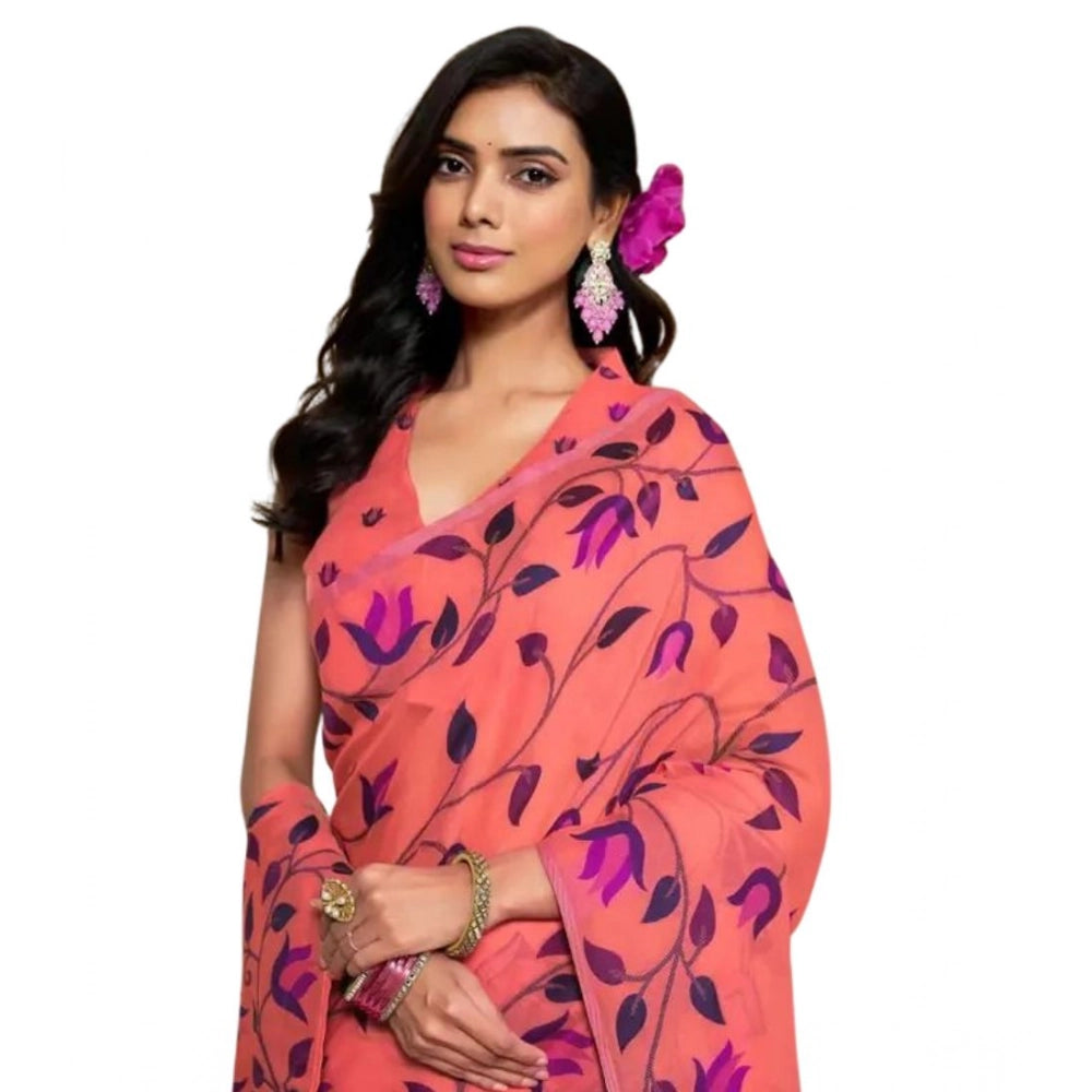 Generic Women's Georgette Printed Saree With Unstitched Blouse 5.5Mtr (Peach)