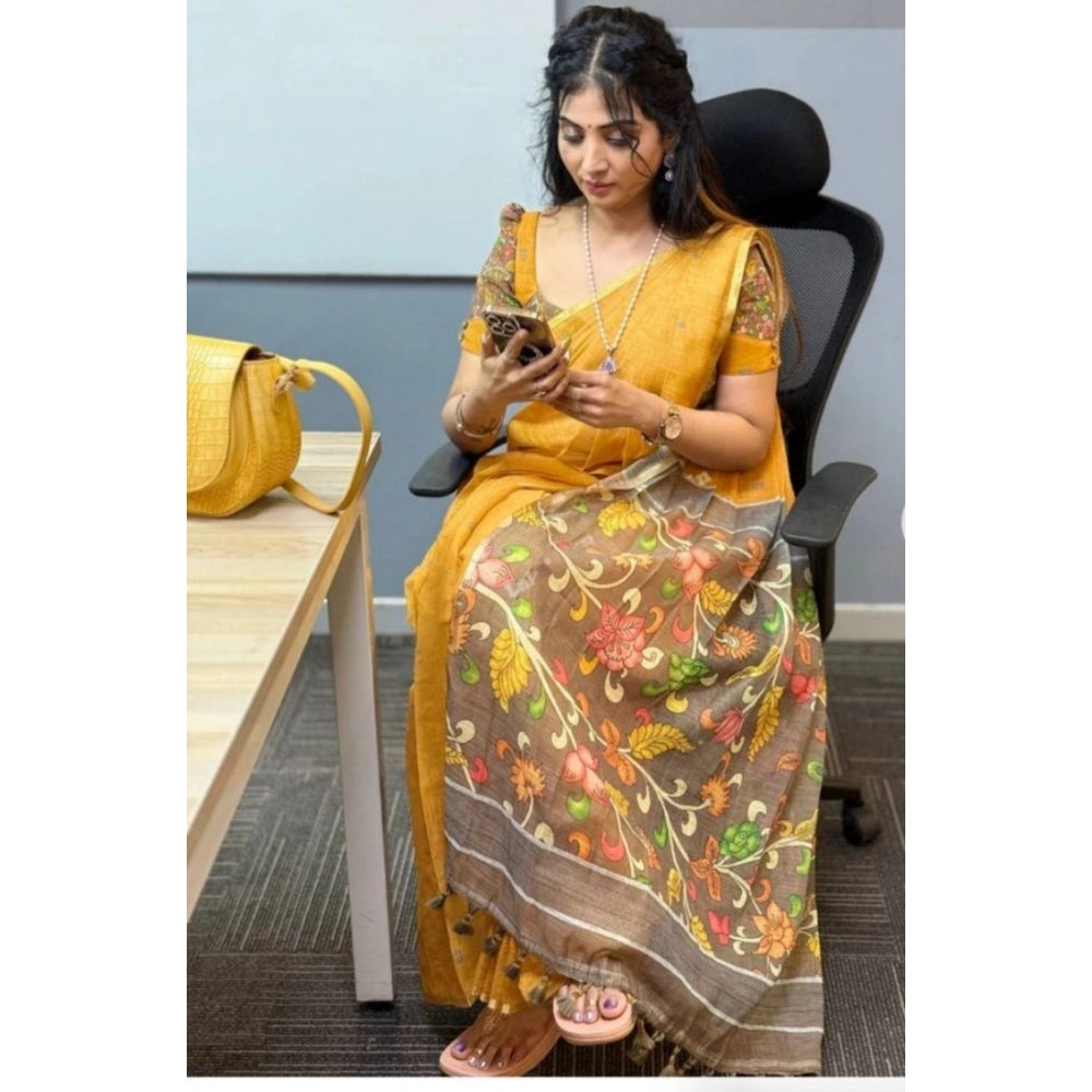 Generic Women's Linen Printed Saree With Unstitched Blouse 5.5Mtr (Mustard)