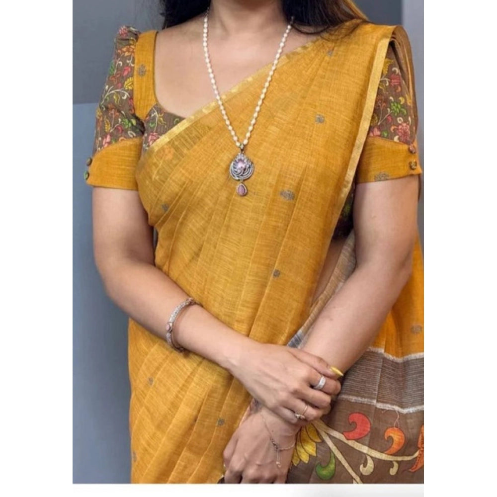 Generic Women's Linen Printed Saree With Unstitched Blouse 5.5Mtr (Mustard)
