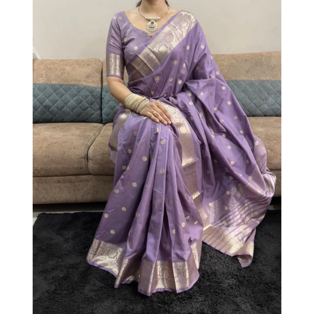 Generic Women's Satin Printed Saree With Unstitched Blouse 5.5Mtr (Purple)