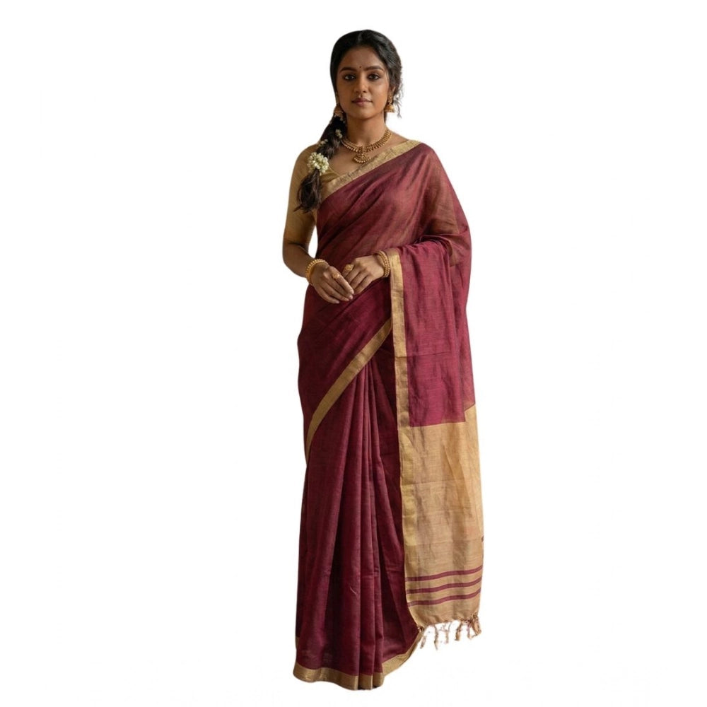 Generic Women's Cotton Printed Saree With Unstitched Blouse 5.5Mtr (Wine)