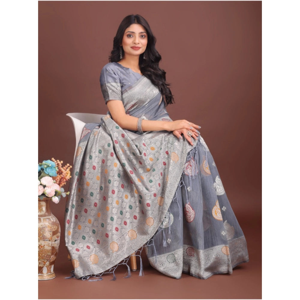 Generic Women's Linen Cotton Printed Saree With Unstitched Blouse 5.5Mtr (Grey)