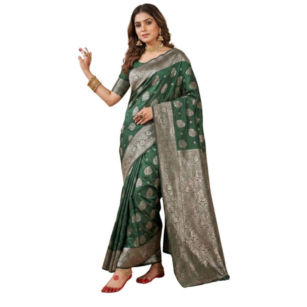 Generic Women's Silk Blend Printed Saree With Unstitched Blouse 5.5Mtr (Dark Green)
