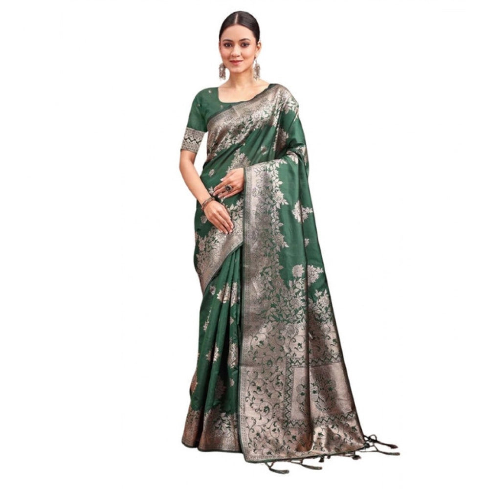 Generic Women's Banarasi Silk Printed Saree With Unstitched Blouse 5.5Mtr (Dark Green)