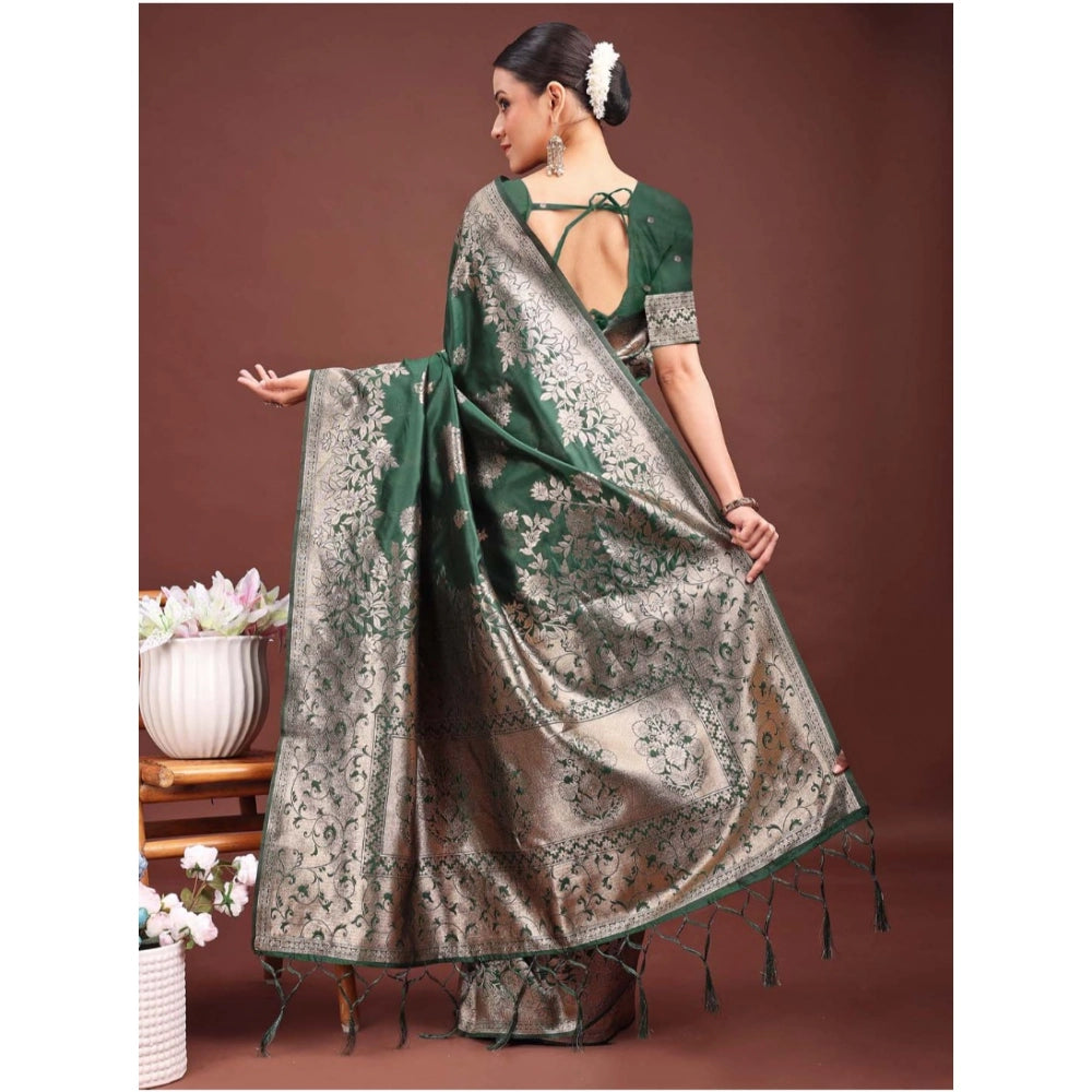 Generic Women's Banarasi Silk Printed Saree With Unstitched Blouse 5.5Mtr (Dark Green)