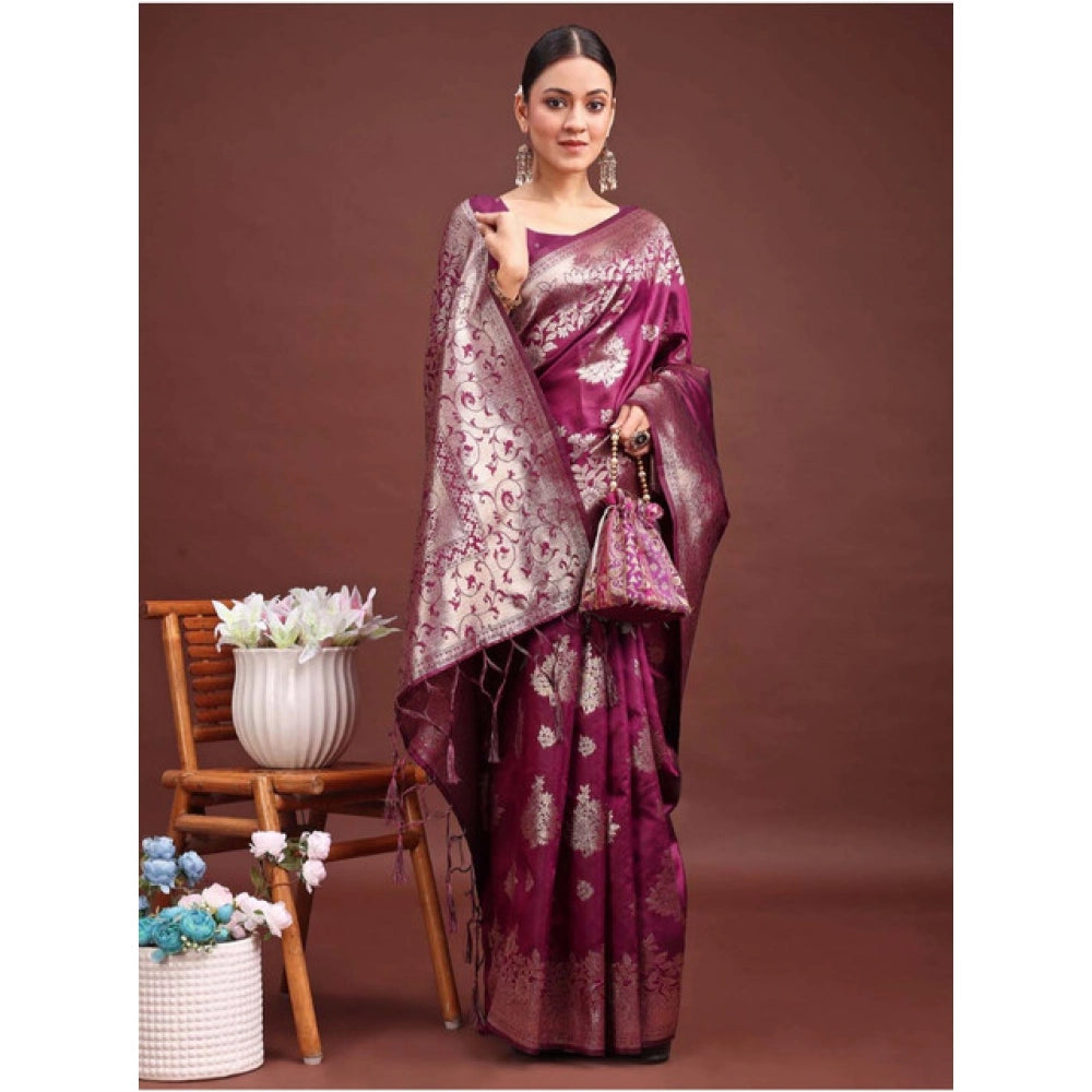 Generic Women's Banarasi Silk Printed Saree With Unstitched Blouse 5.5Mtr (Purple)